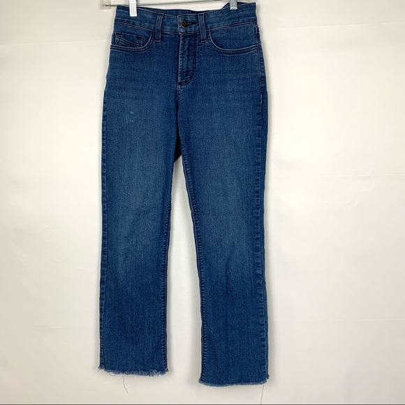 NYDJ Marilyn Straight Frayed Raw Hem Ankle Crop Lift Tuck Blue Jeans 0 - Picture 3 of 11